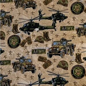 Military Themed Cotton Fabric with Army Vehicles and Logos